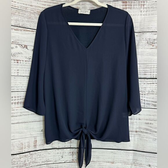 Lola & Sophie Blouse Womens Size Small V Neck tie front Polly Chiffon Navy Blue - Picture 1 of 10